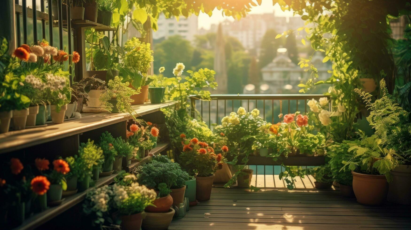 Terrace with potted plants and flowers photo