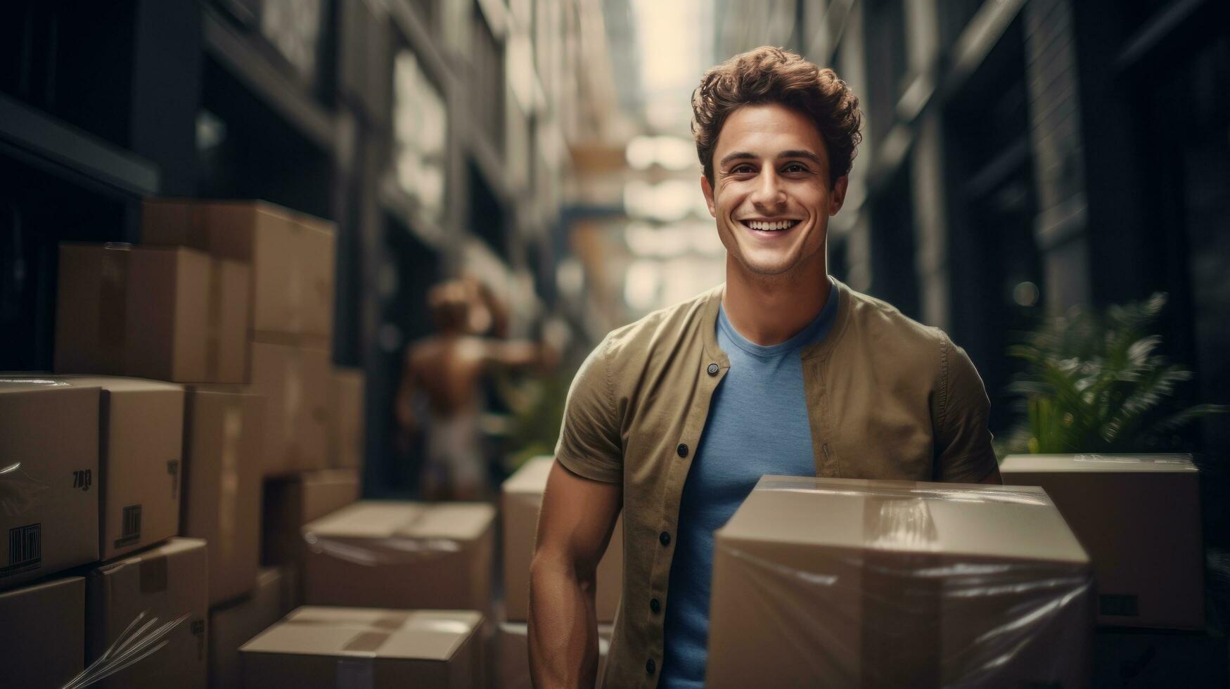 Moving man with boxes photo