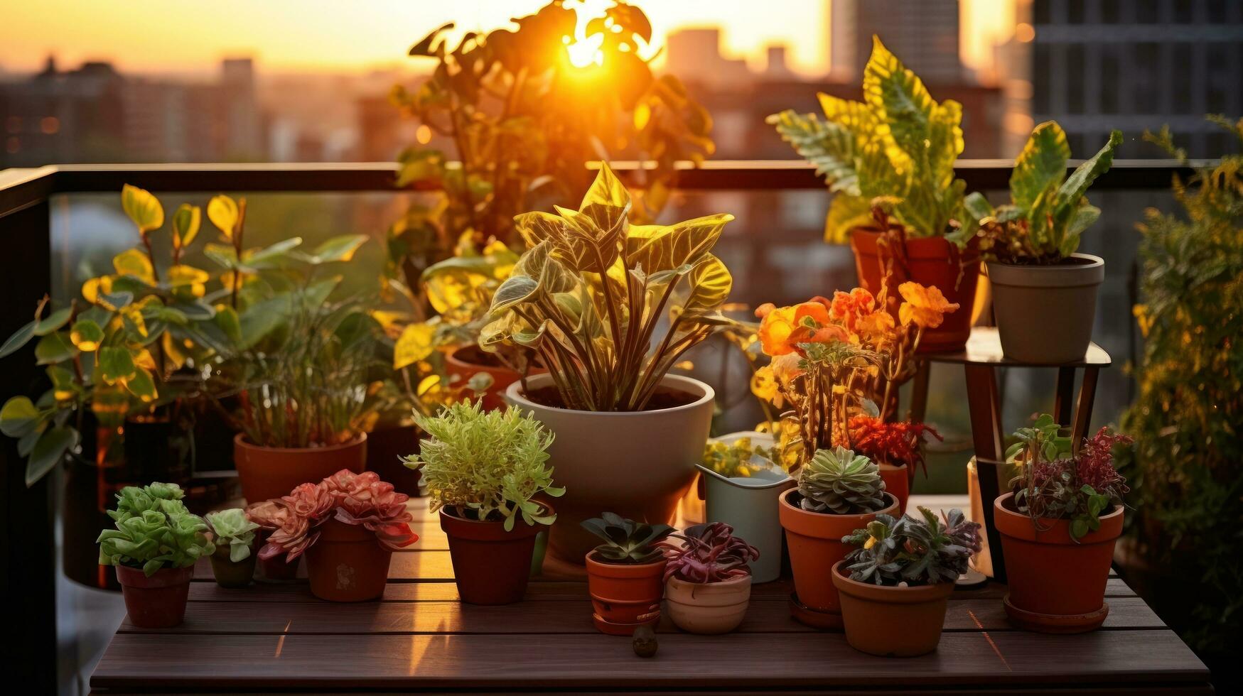 Terrace with potted plants and flowers photo