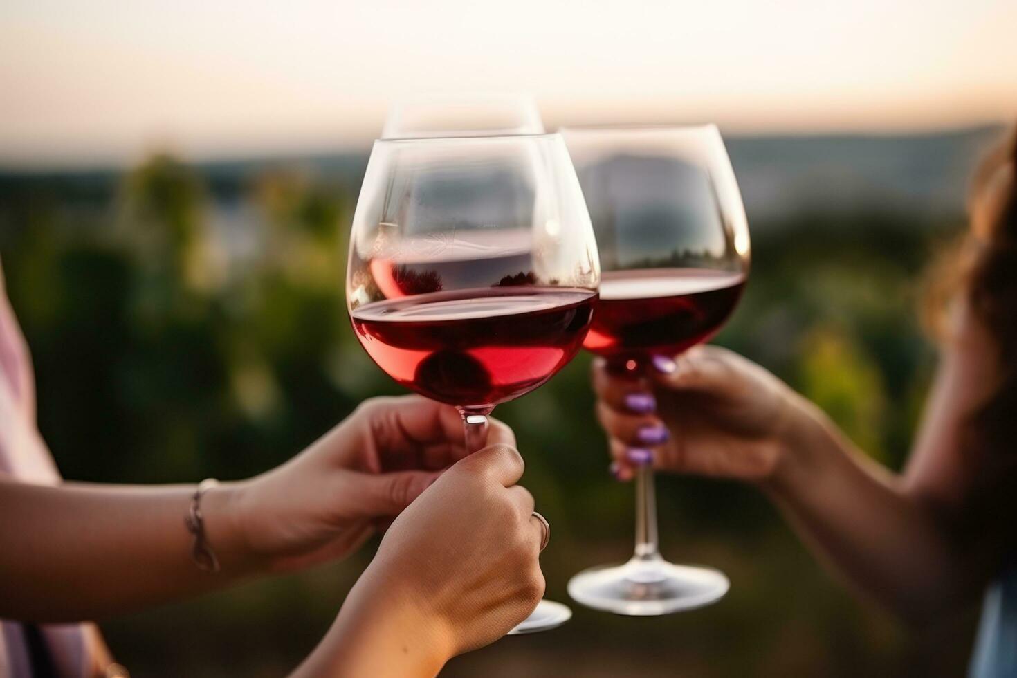 Woman raises her wine glass to a couple of friends photo