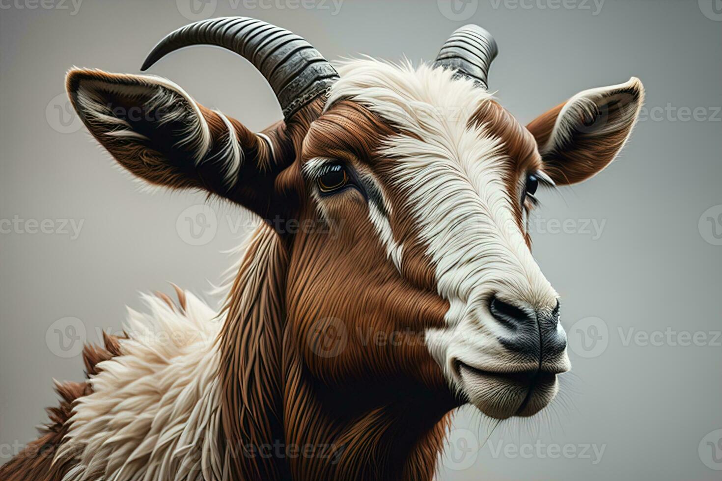 Head of a goat with big horns. ai generative photo