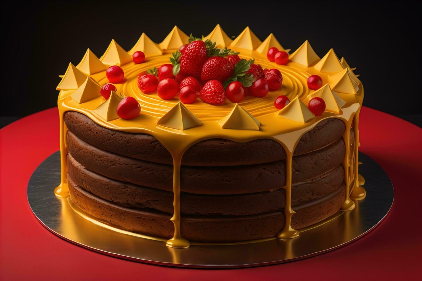 Chocolate cake with cream on a solid color background. Toned. ai generative photo