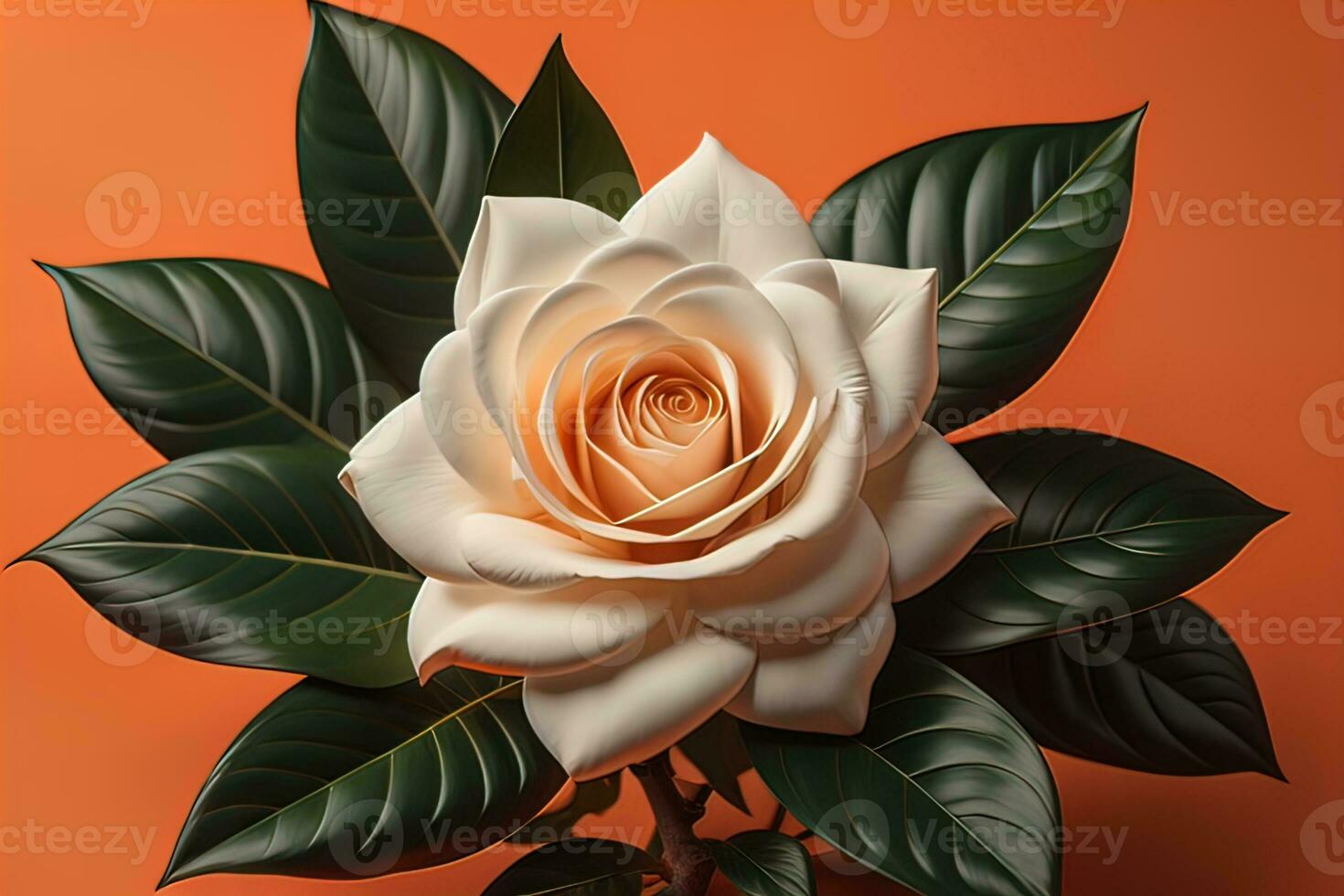 White rose with green leaves on a solid color background, top view. ai generative photo