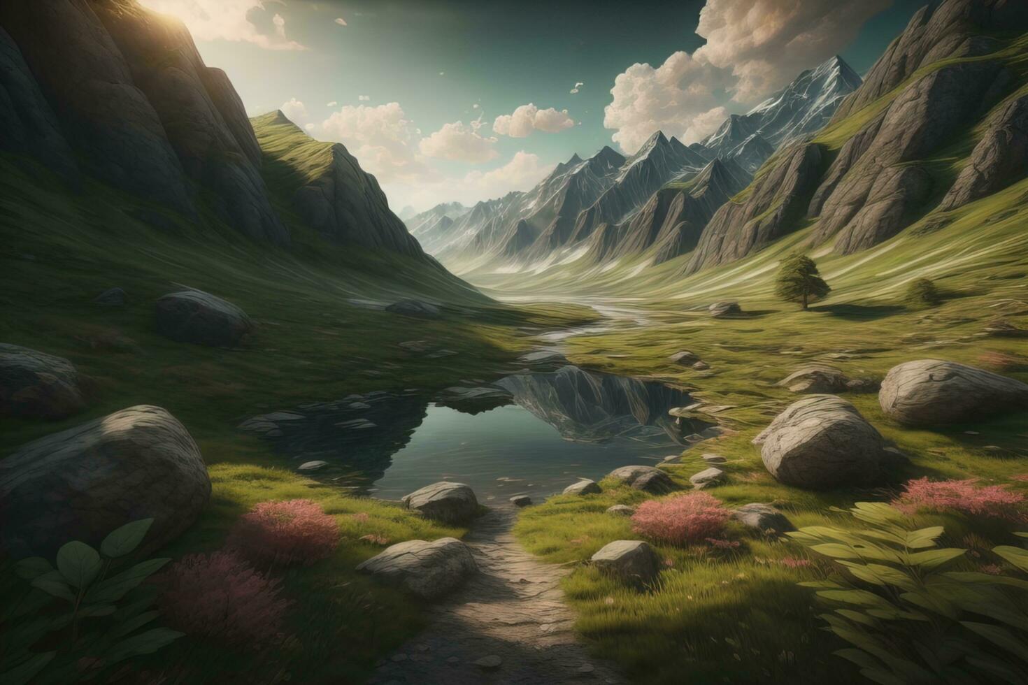 Beautiful fantasy landscape with a river in the mountains. ai generative photo