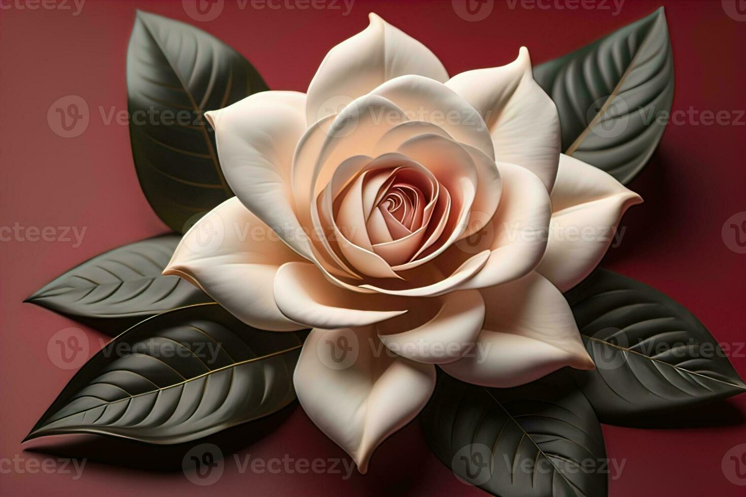 White rose with green leaves on a solid color background, top view. ai generative photo