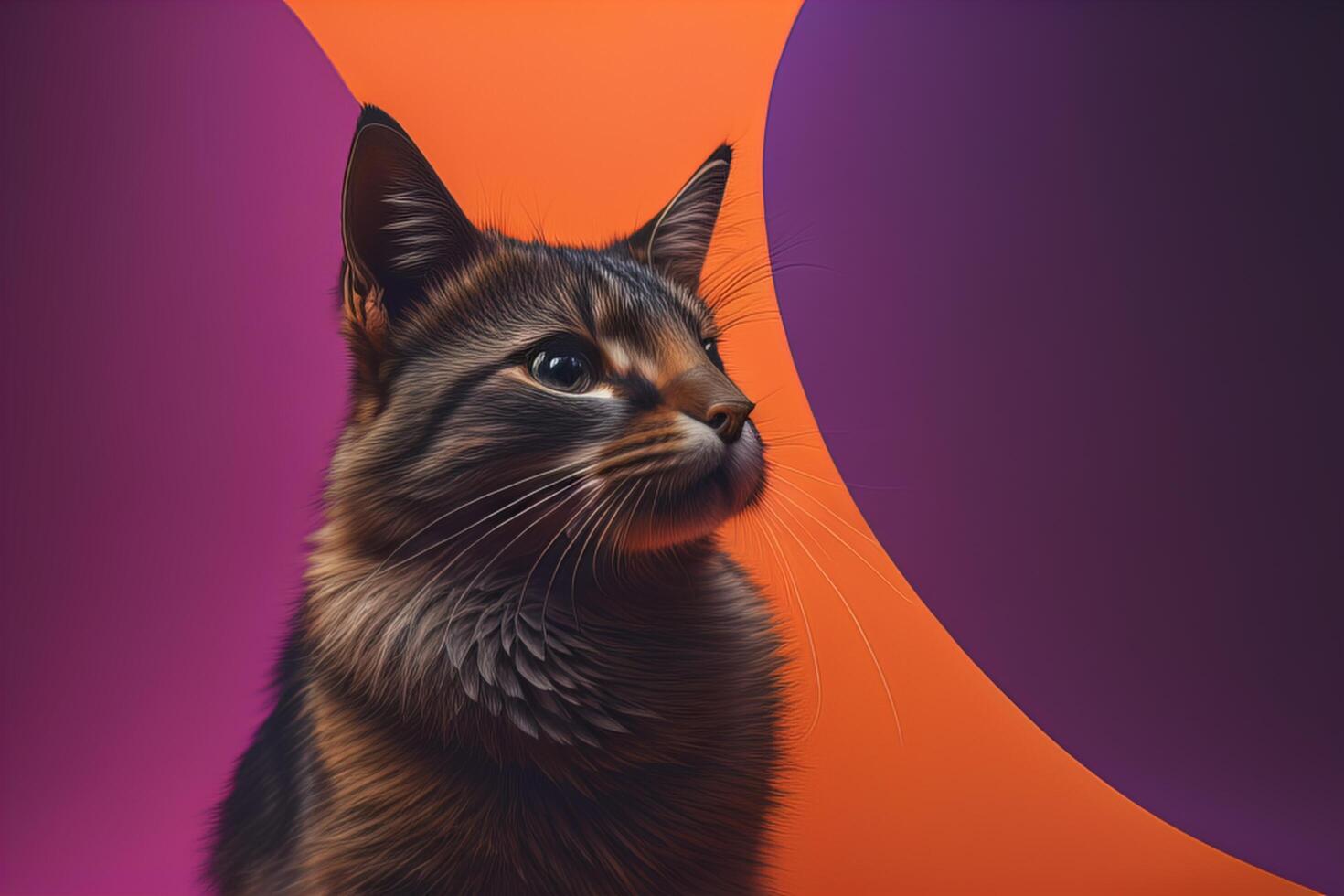Portrait of Maine Coon cat with orange and purple background. photo