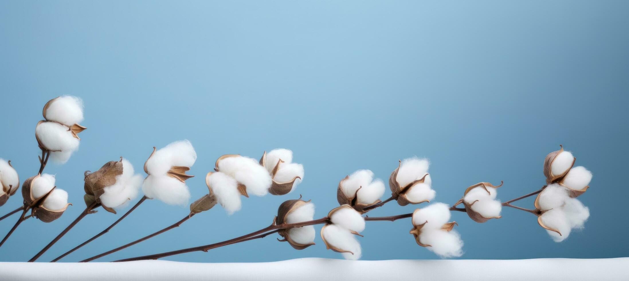 Blue minimalist background with cotton pods photo