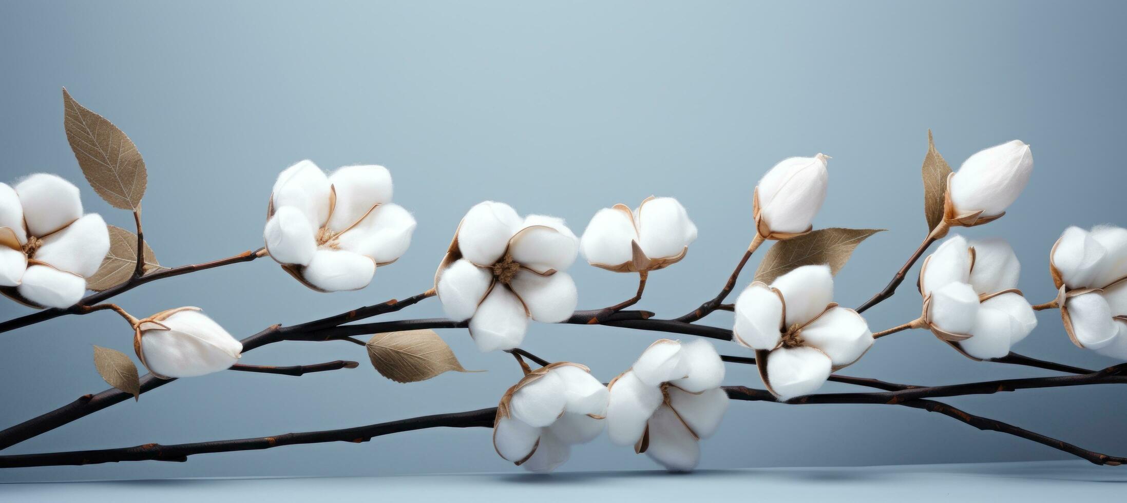 Blue minimalist background with cotton pods photo