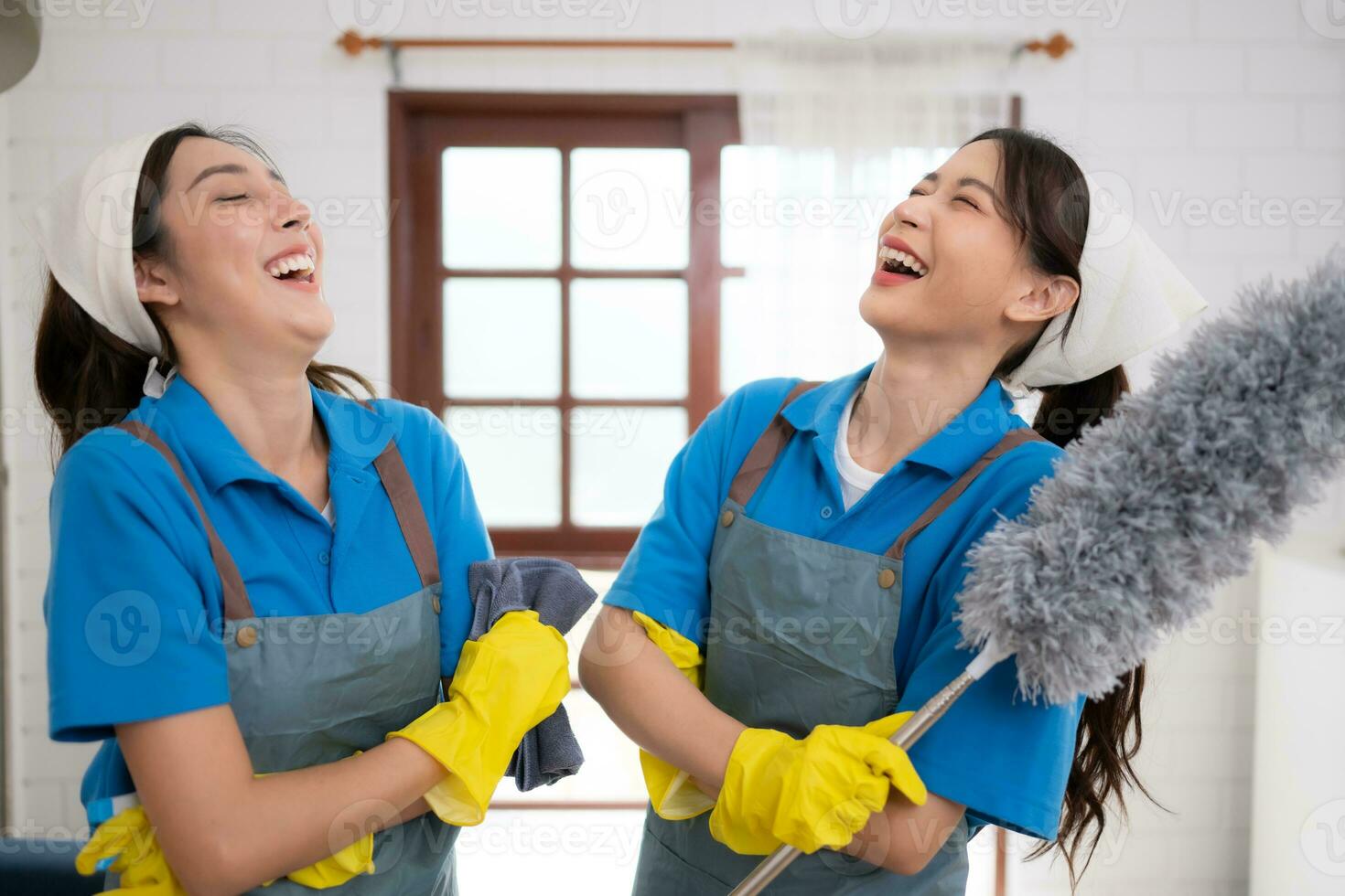 retrato de asiático hembra limpieza Servicio personal en uniforme y caucho  guantes, tareas del hogar concepto 27004345 Foto de stock en Vecteezy