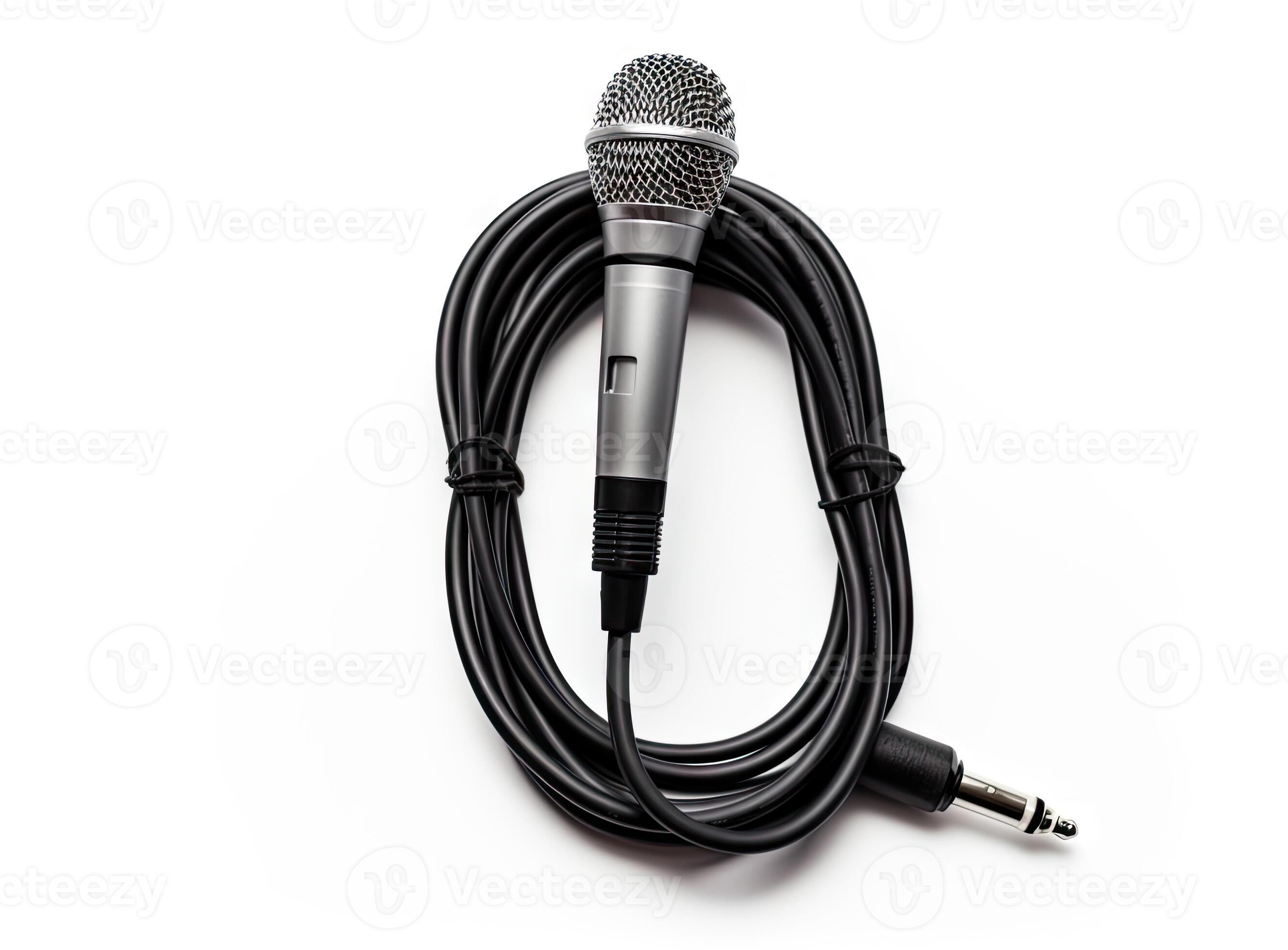 Close up of high quality dynamic microphone connect with male connector and cable isolated on
