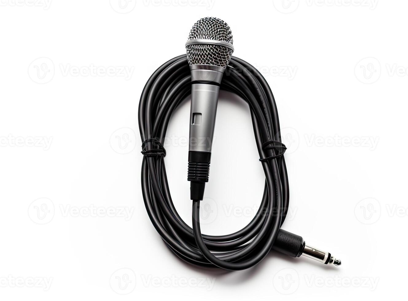 Close up of high quality dynamic microphone connect with male connector and cable isolated on white background,top view. created with technology photo