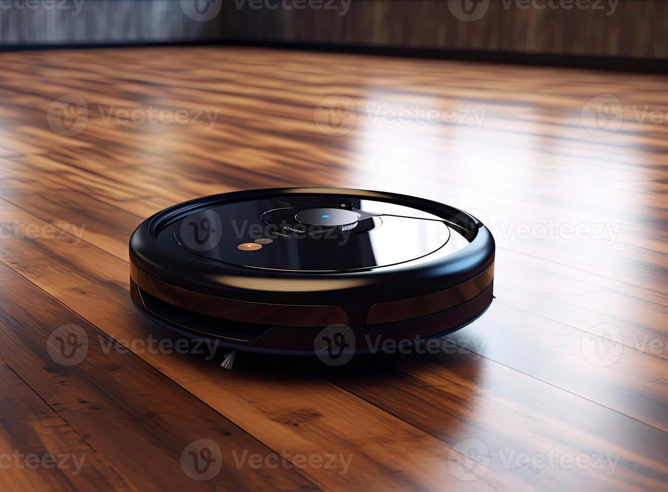 robotic vacuum cleaner on laminate wood floor smart cleaning technology created with technology photo