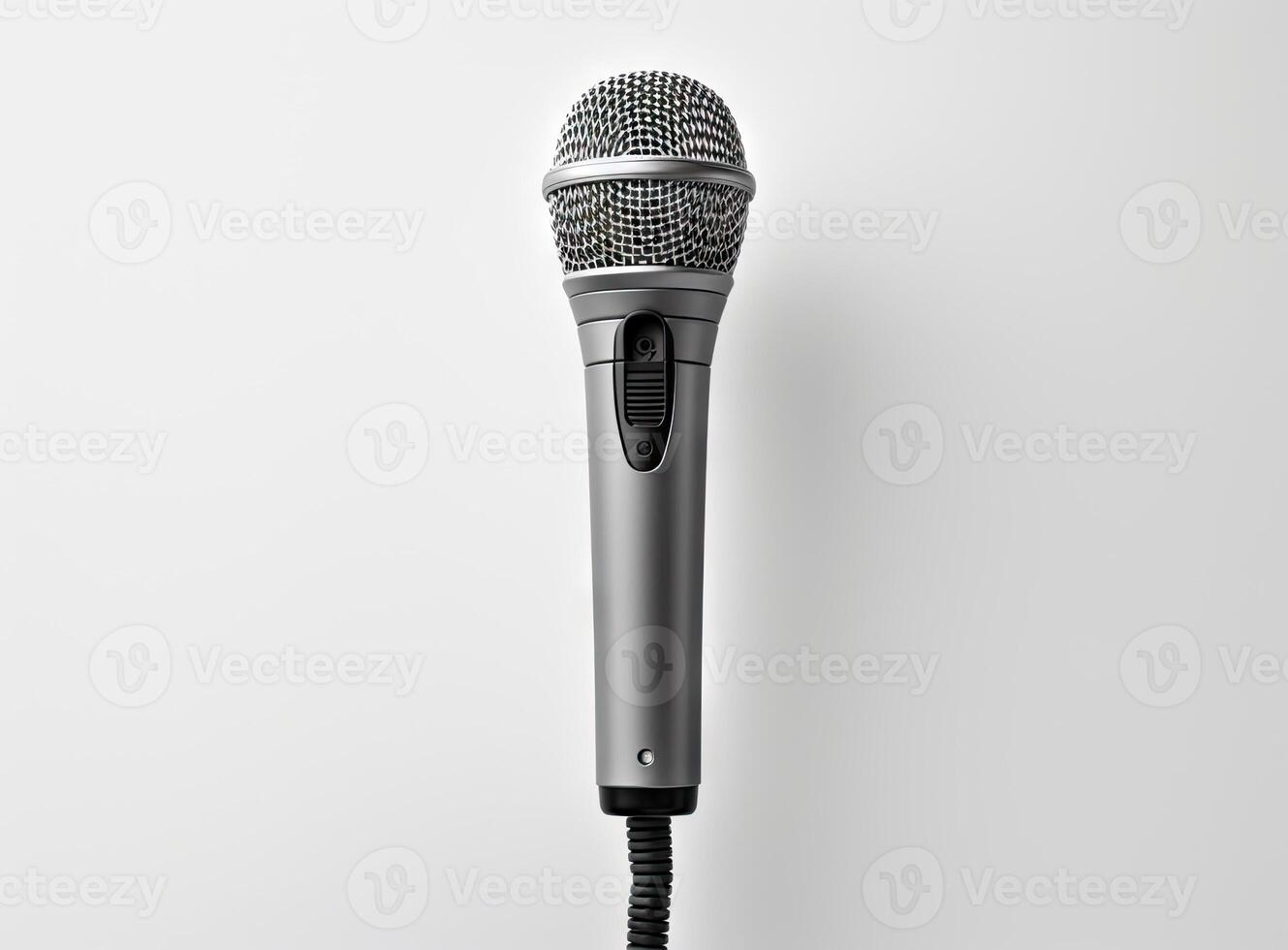 Close up of high quality dynamic microphone connect with male connector and cable isolated on white background,top view. created with technology photo