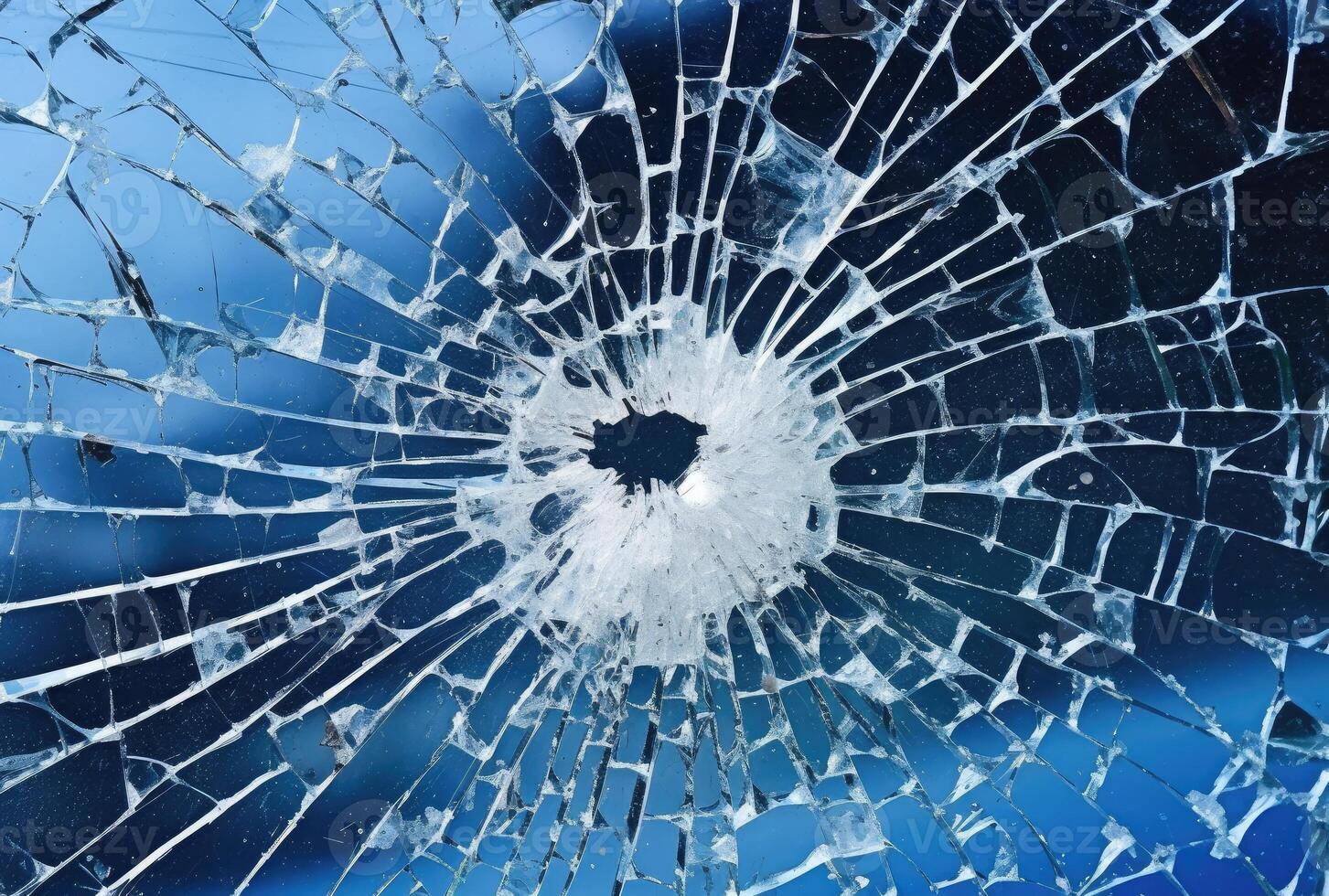 A glass surface that took a bad hit and broke, featuring a big scary hole maybe a bullet created with technology photo