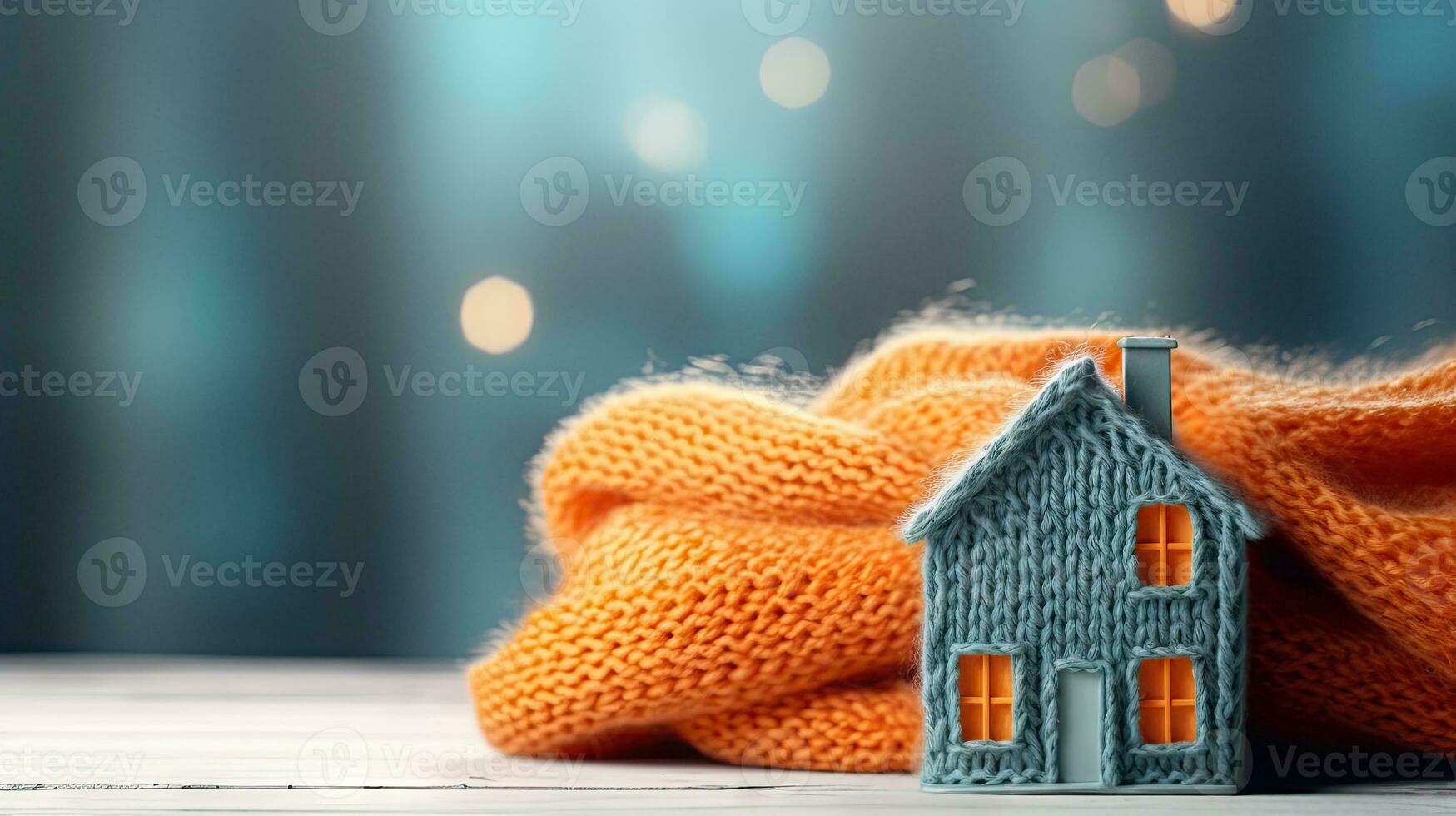 House with knitted scarf, symbol for heating system or cold snowy winter. Heating season, warm up, protect concept created with Generative Al technology photo