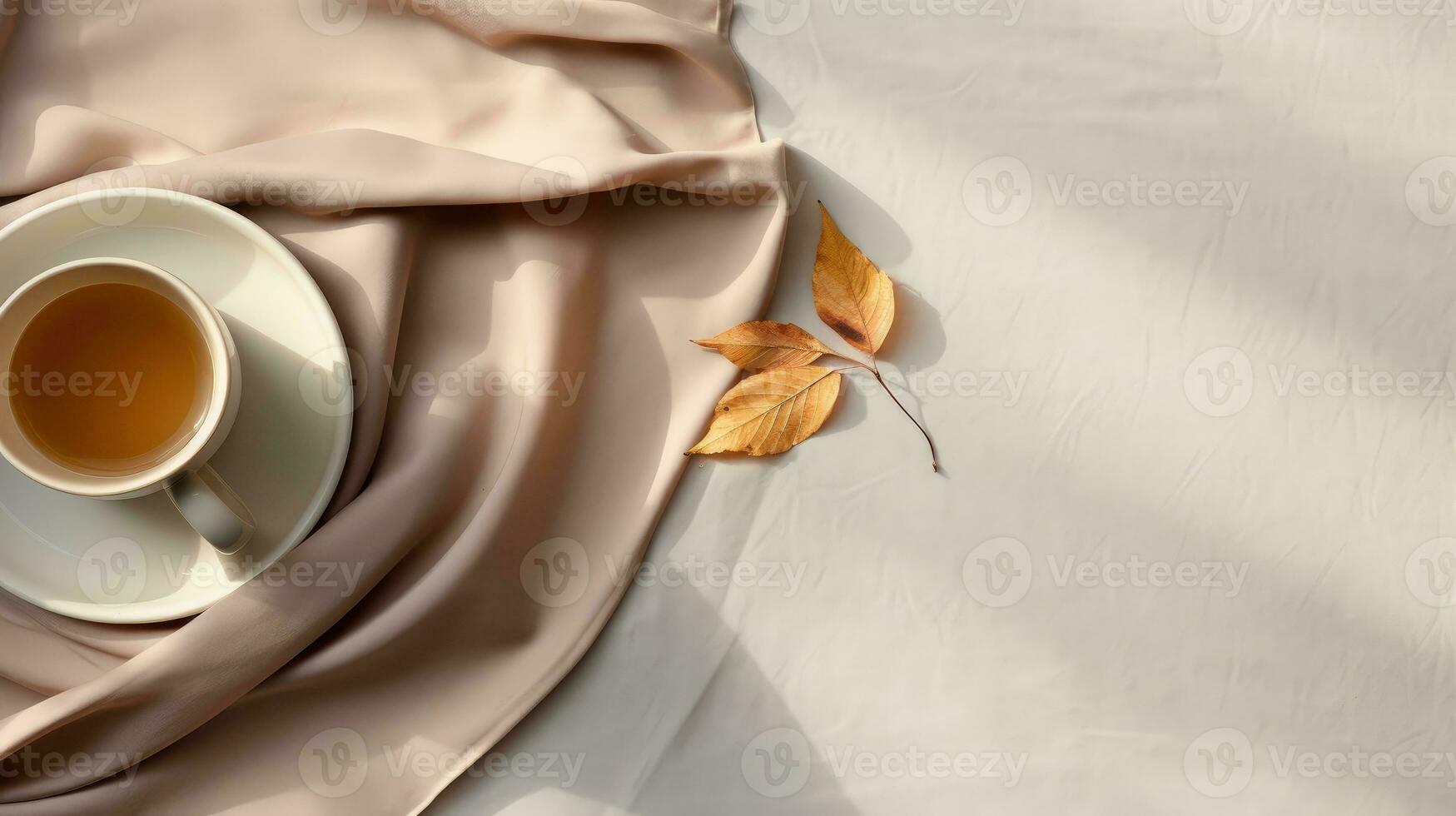 Autumn still life flat lay with cup of coffee, and plaid on white background. Fall decoration for Thanksgiving day. created with Generative Al technology photo
