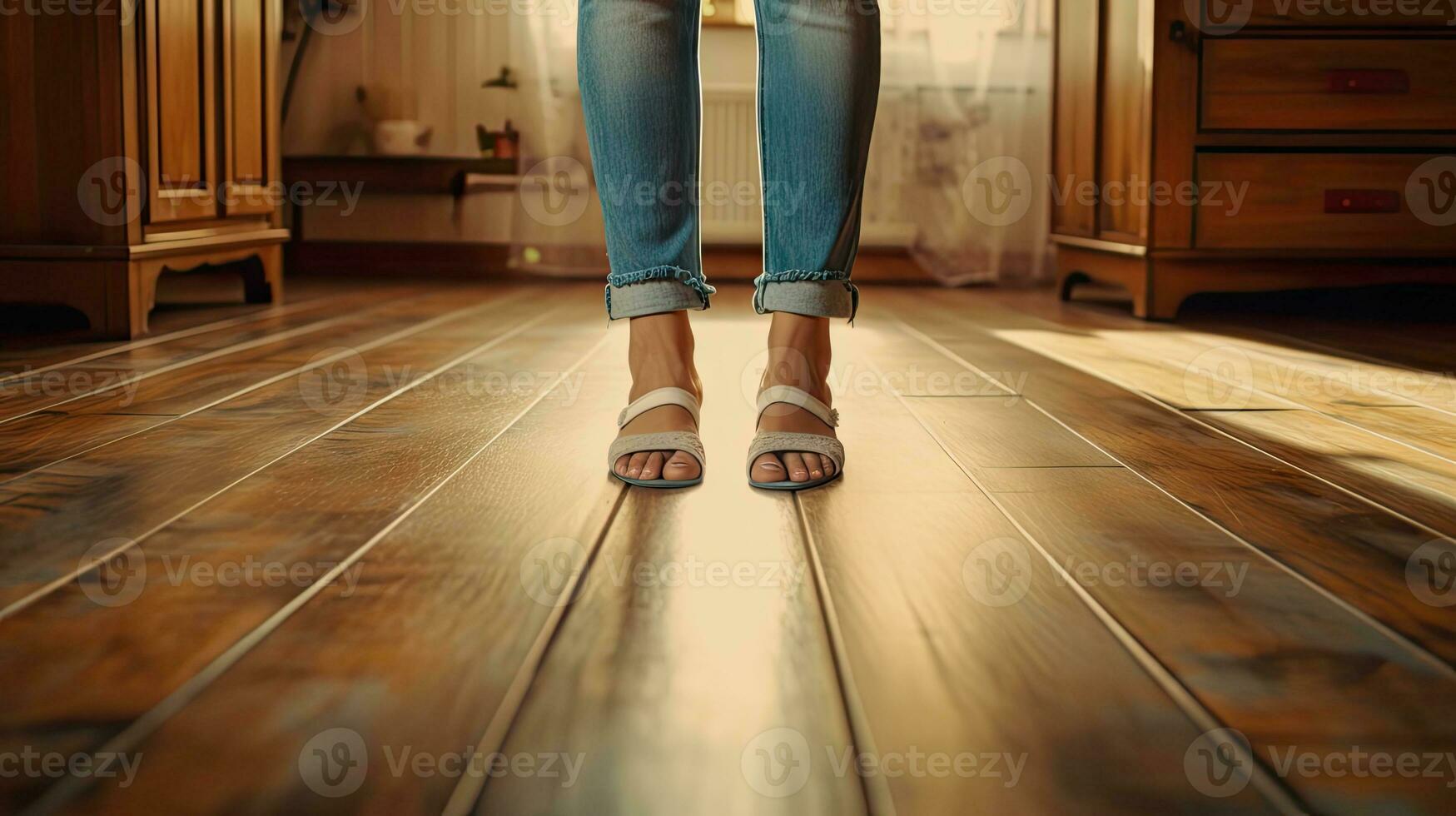 girl's feet on the background of the wooden floor created with Generative Al technology photo