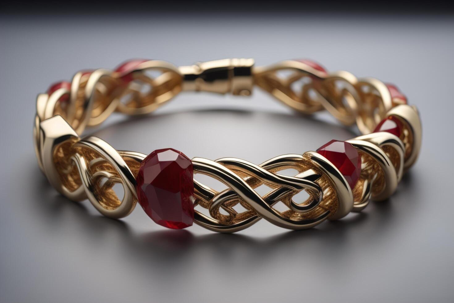 Bracelet with red ruby on a gray background close-up. photo