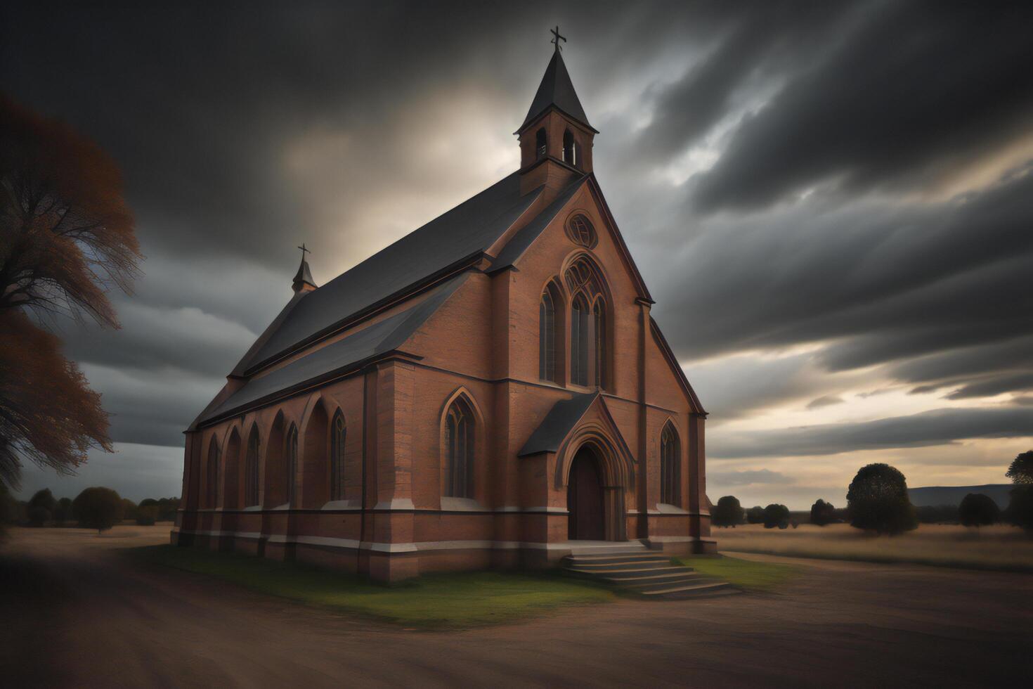 Church in the countryside with a dramatic cloudy sky, photo