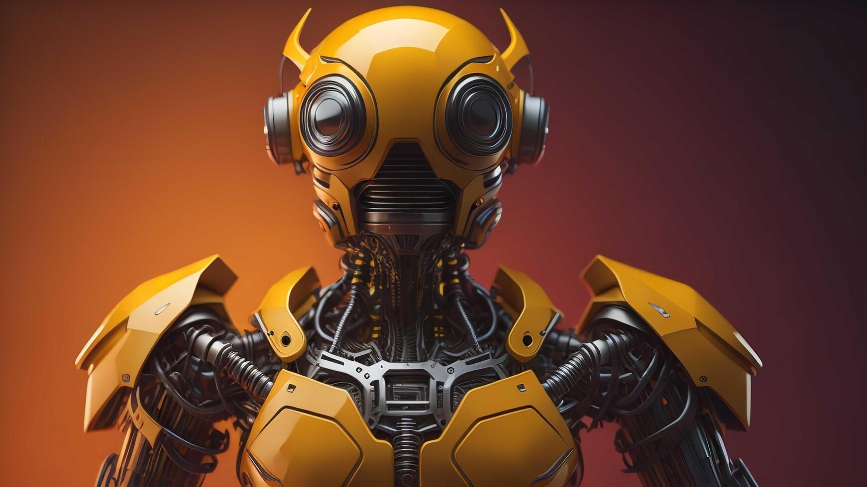 a female robot wearing a gas mask on an orange background. photo
