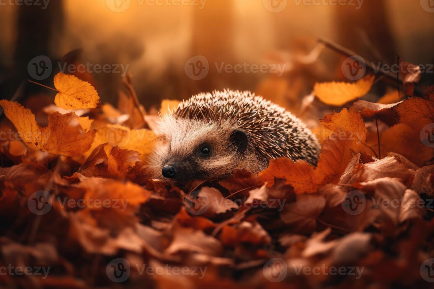 Sweet little hedgehog curled up in a bed of autumn leaves, with a misty forest in the background and a soft. photo