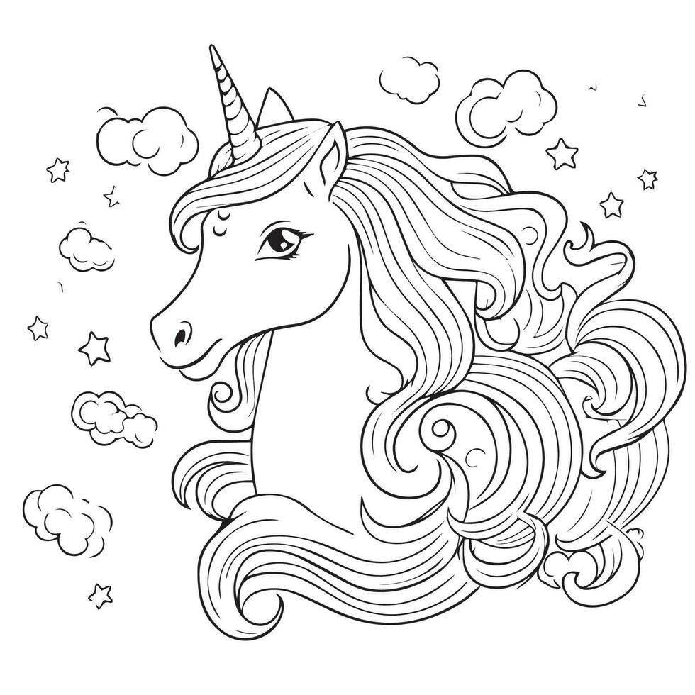 cute unicorn flying over a rainbow, coloring pages for kids vector