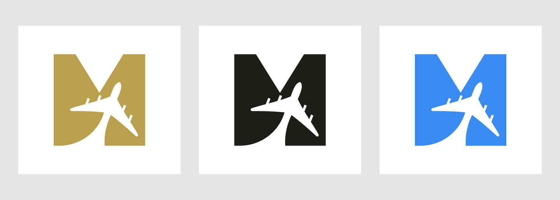 Tropical Travel Logo On Letter M Concept. Airplane Flight Symbol Template vector