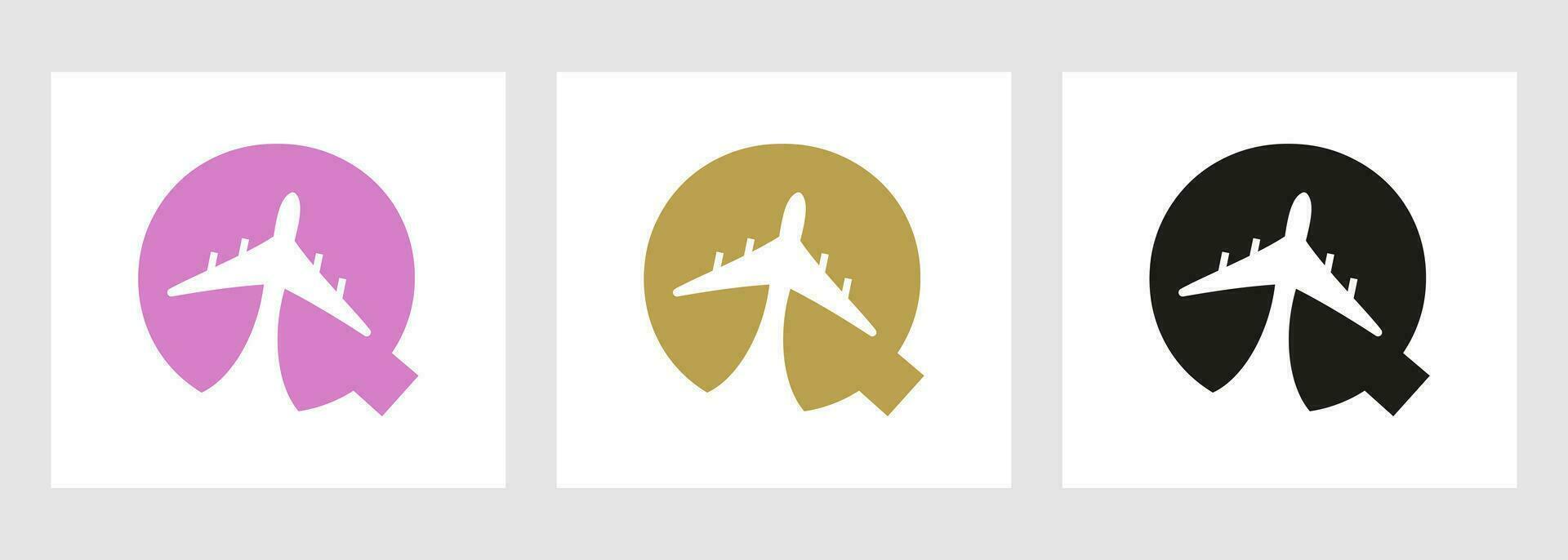 Tropical Travel Logo On Letter Q Concept. Airplane Flight Symbol Template vector