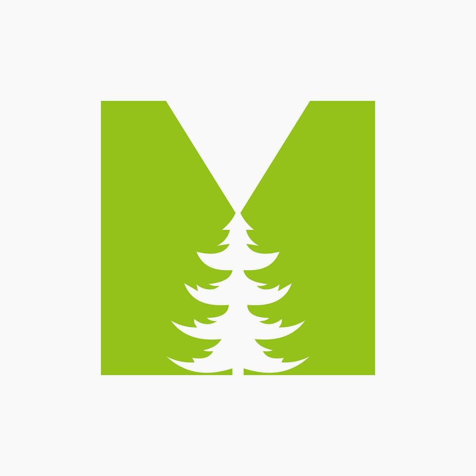 Letter M Christmas Tree Logo Design. Spruce Logo Symbol vector