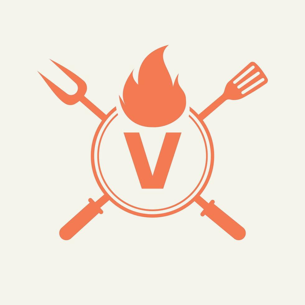 letra v restaurante logo con parrilla tenedor y espátula icono. caliente parrilla símbolo vector