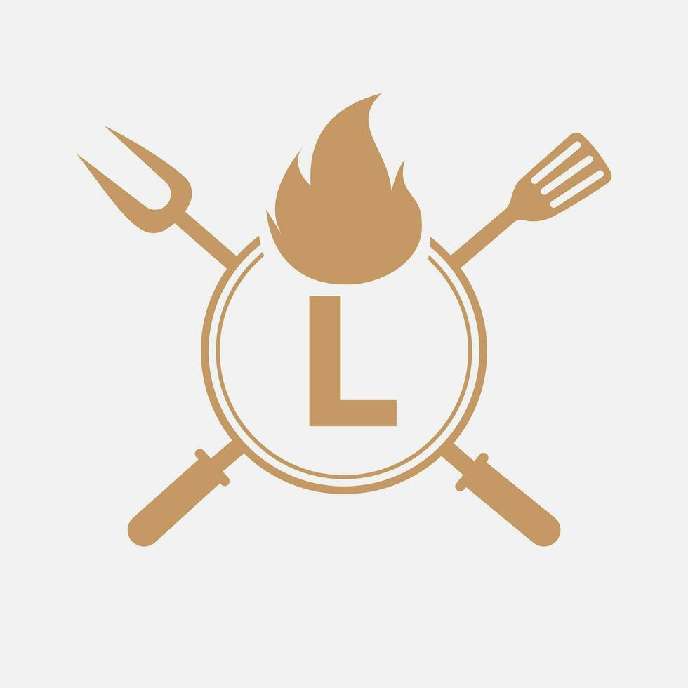 letra l restaurante logo con parrilla tenedor y espátula icono. caliente parrilla símbolo vector