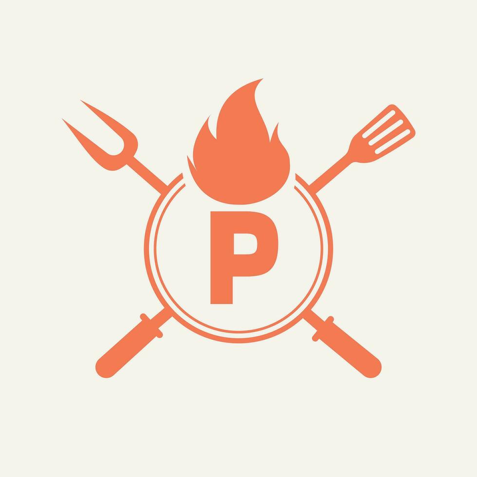 Letter P Restaurant Logo with Grill Fork and Spatula Icon. Hot Grill Symbol vector