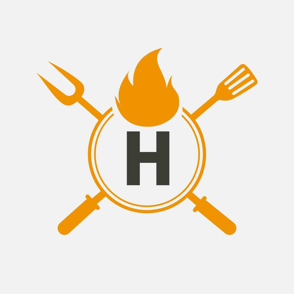 letra h restaurante logo con parrilla tenedor y espátula icono. caliente parrilla símbolo vector