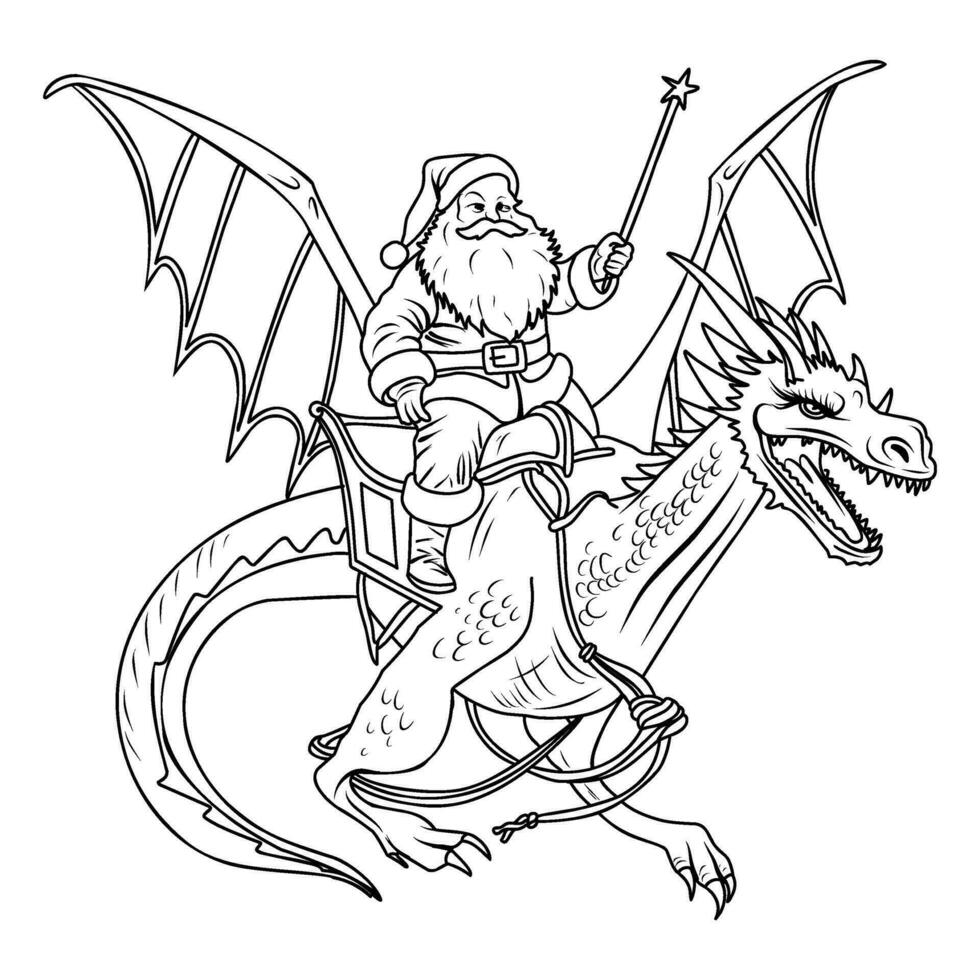 Coloring page Santa Claus SIT is flying on a dragon. Meeting of Christmas and NEW YEAR vector