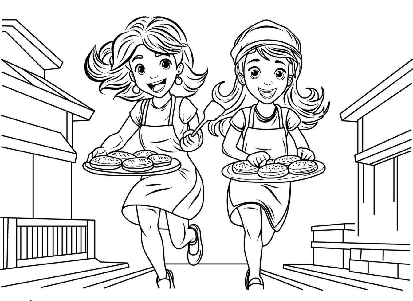 Coloring page Pancake day, Pancake race. Women run with plates of pancakes. vector