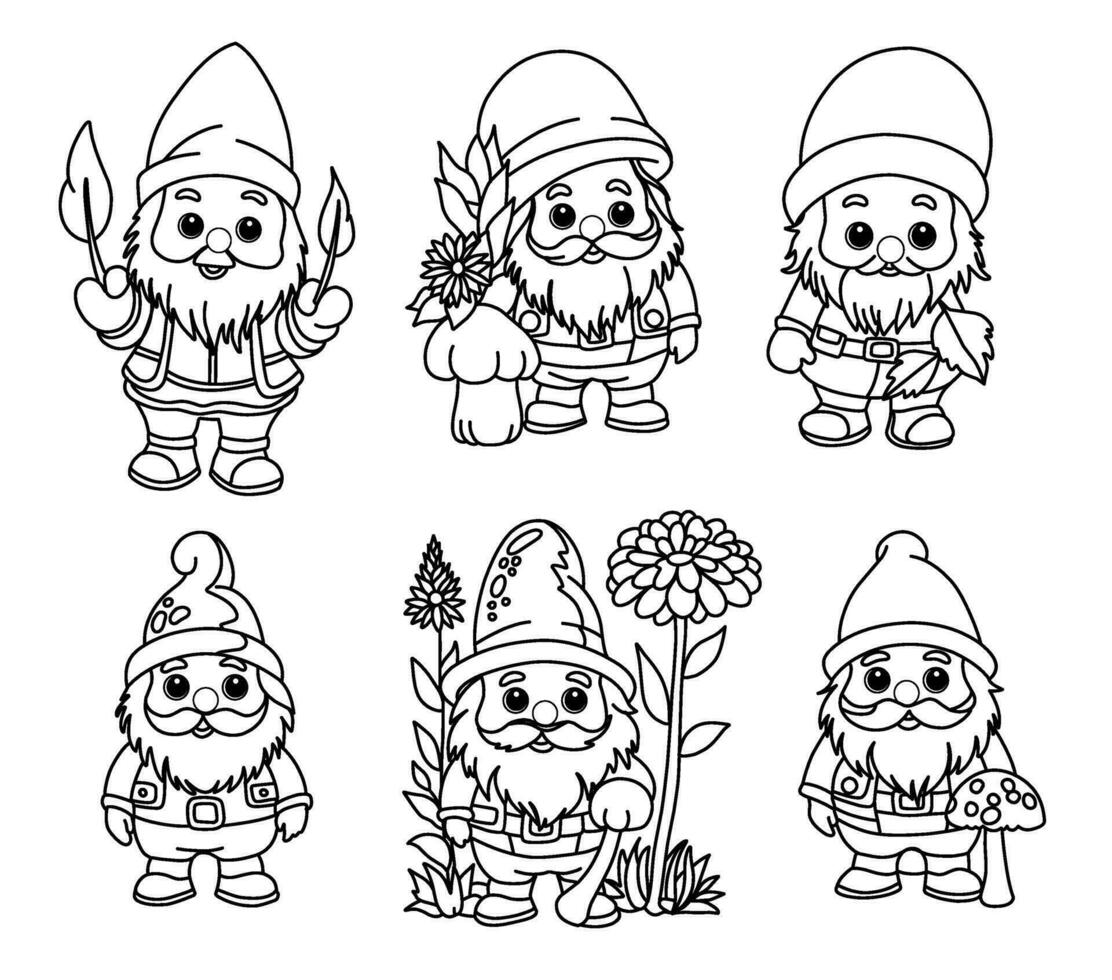 conjunto colorante paginas con gnomos, otoño colorante página vector