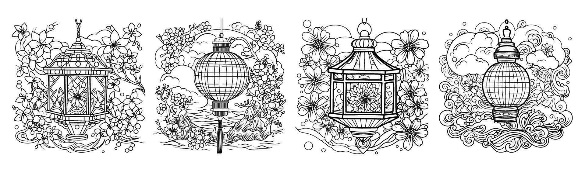 toro nagashi.set Japanese lantern festival Coloring page. coloring page of lanterns for the remembrance of the dead. vector