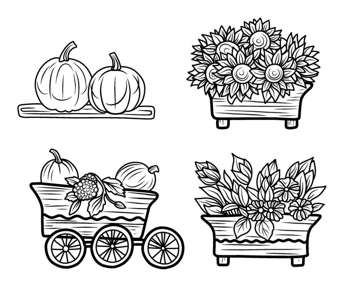 COLORING COLLECTION FOR CHILDREN. Composition with sunflowers in a wheelbarrow, autumn theme coloring book, thanksgiving t-shirt print vector