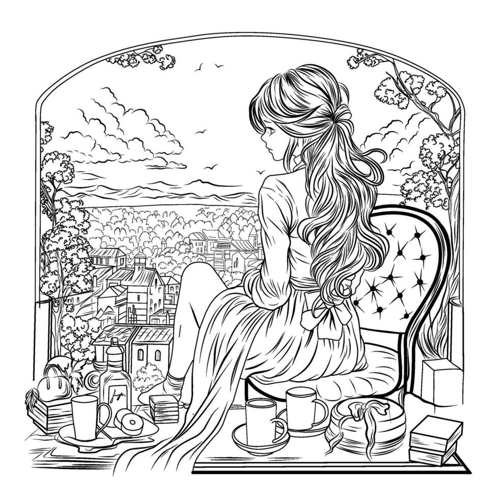 Romantic coloring page.Beautiful woman sitting with her back on the