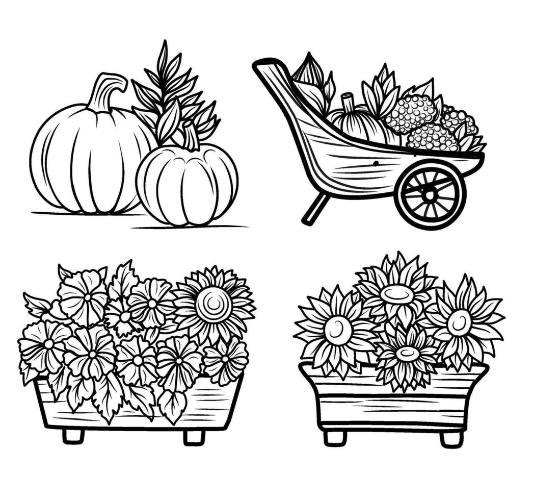 colorante colección para niños. composición con girasoles en un carretilla, otoño tema colorante libro, acción de gracias camiseta impresión vector