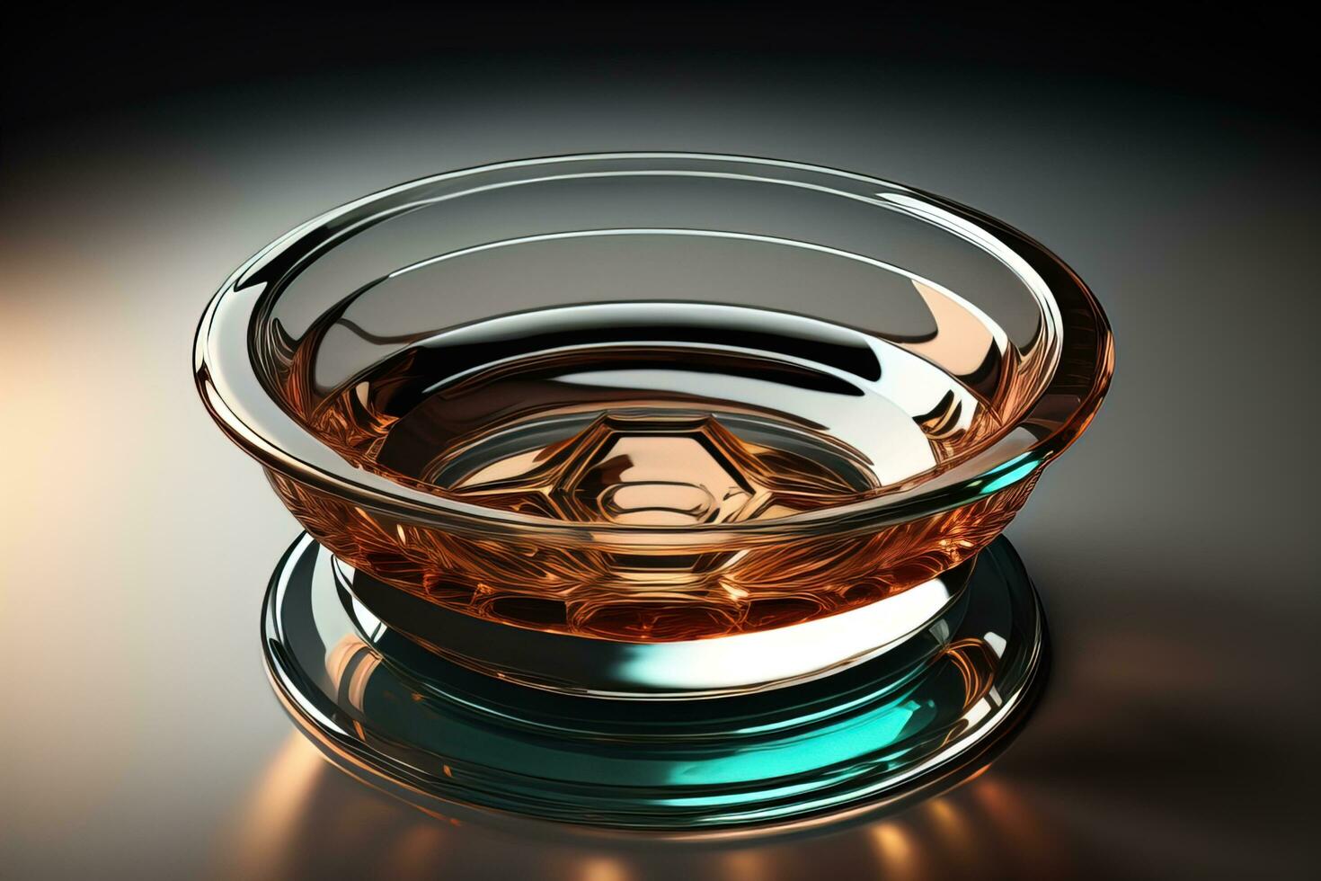 Empty glossy transparent ashtray on a dark background. ai generative photo