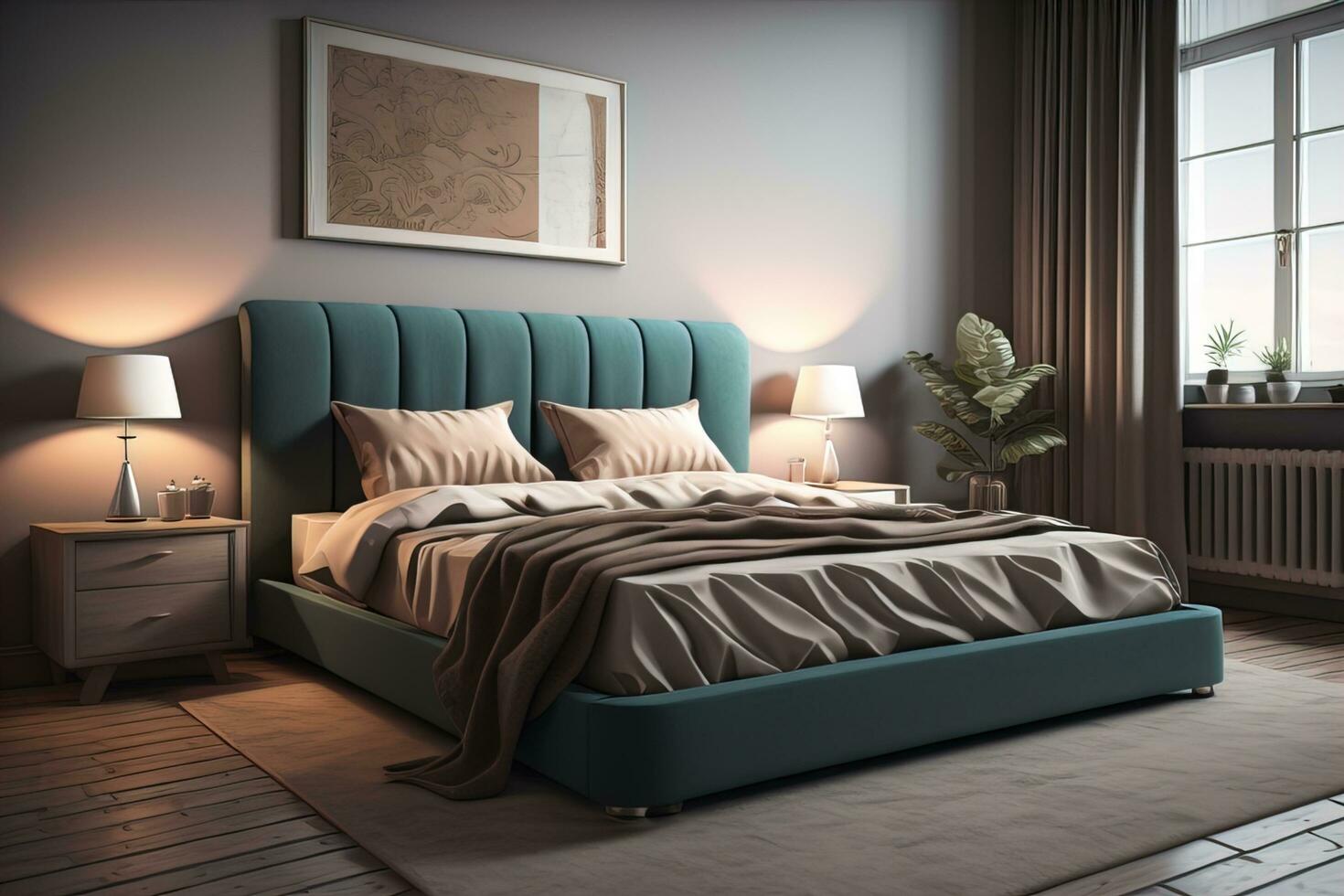 Modern bedroom interior design with gray walls, wooden floor, comfortable king size bed with two pillows. ai generative photo