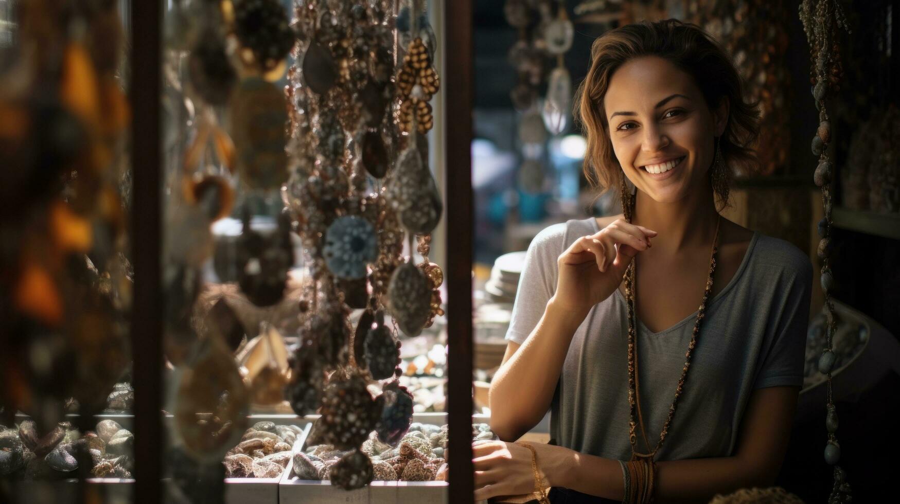 hermosa mujer en joyería tienda foto