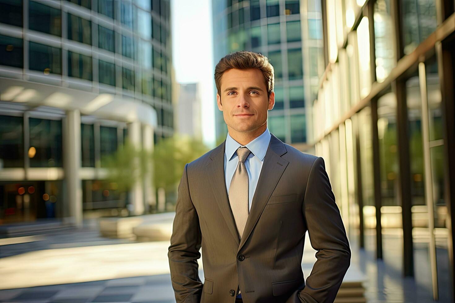 retrato de un confidente empresario en pie al aire libre en frente de oficina edificio, un confidente determinado persona, ai generado foto