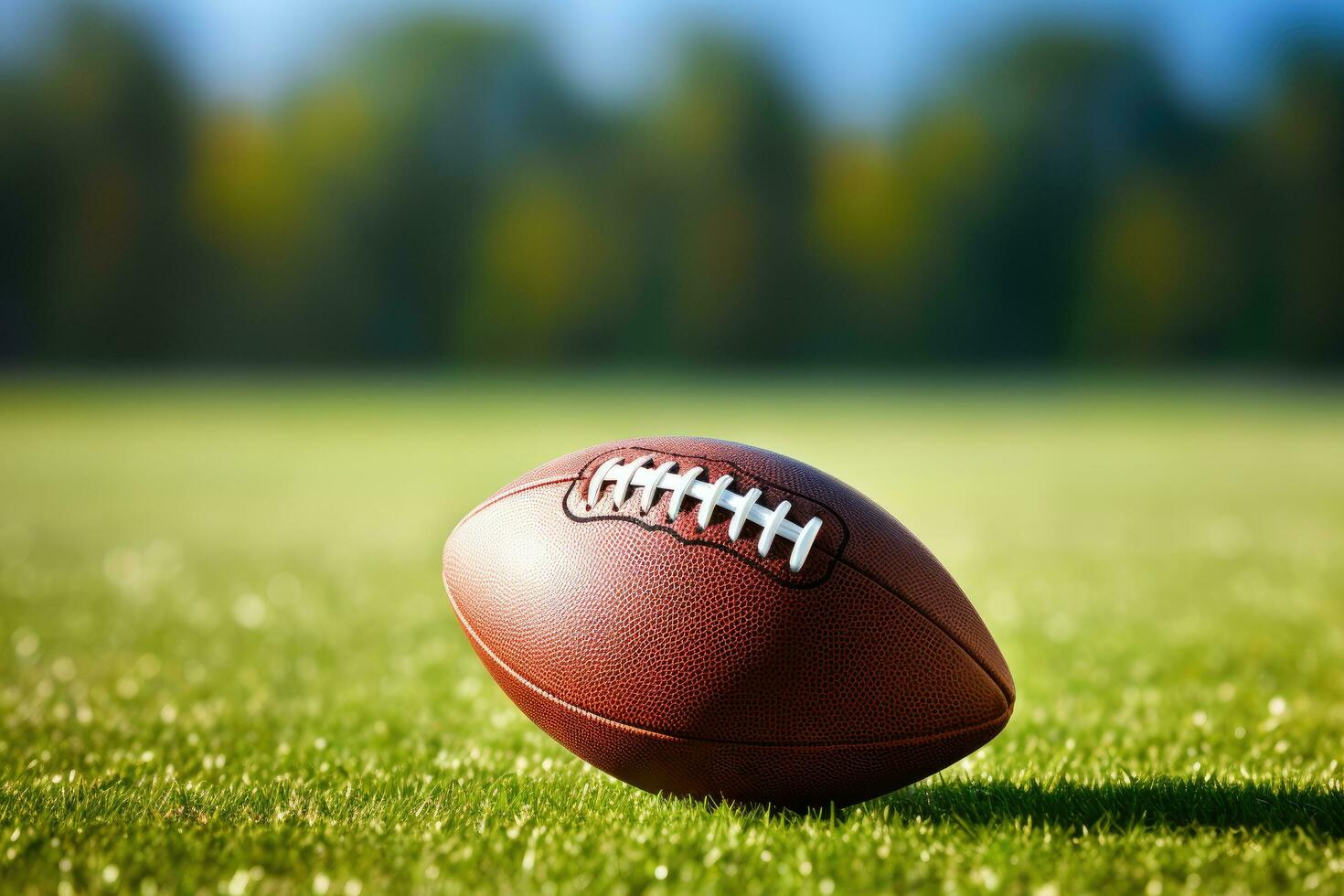 American football ball on green grass field. Closeup view. American Football shot with shallow depth of field with room for copy, AI Generated photo