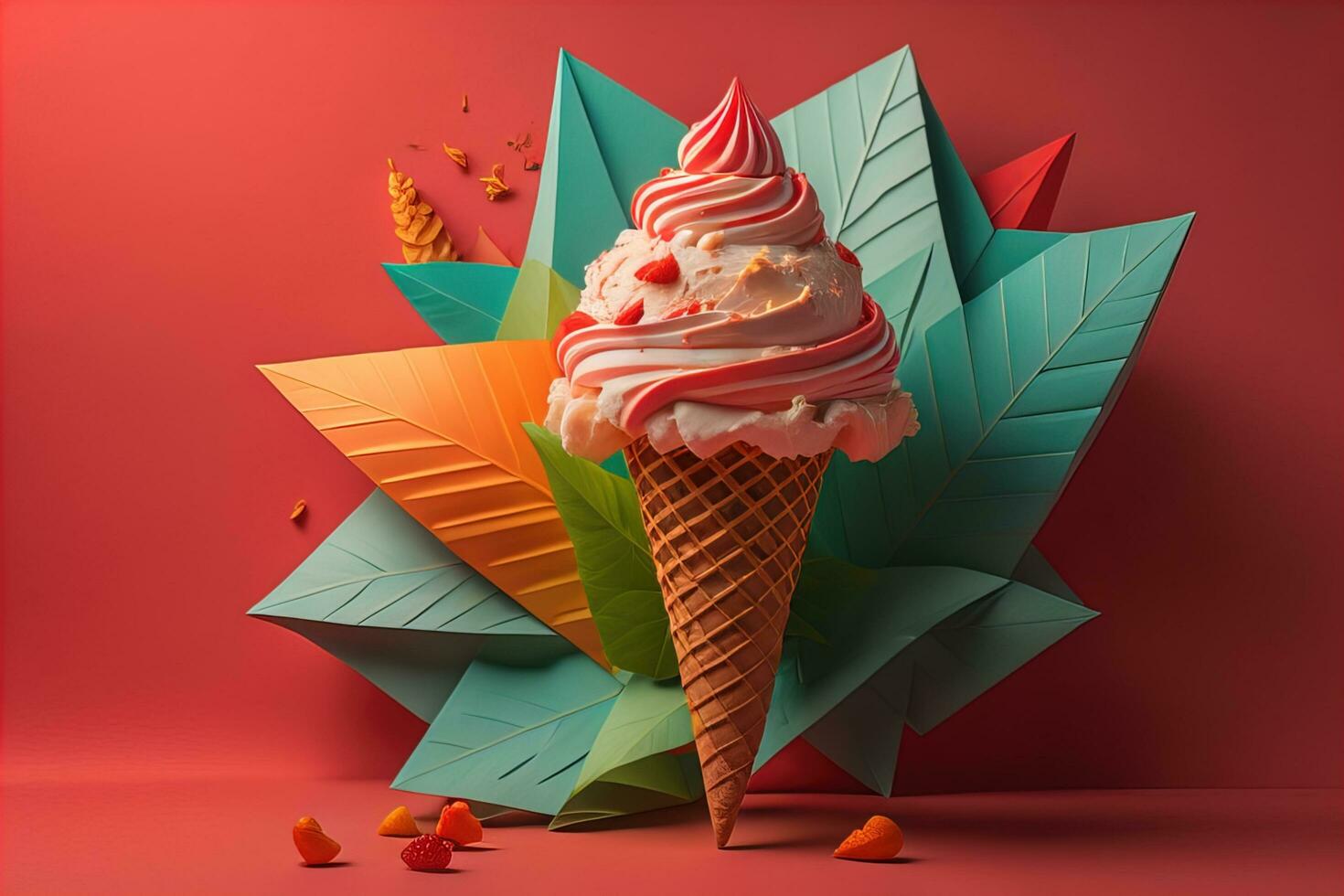 Ice cream in waffle cone on blue background, top view, flat lay. ai generative photo