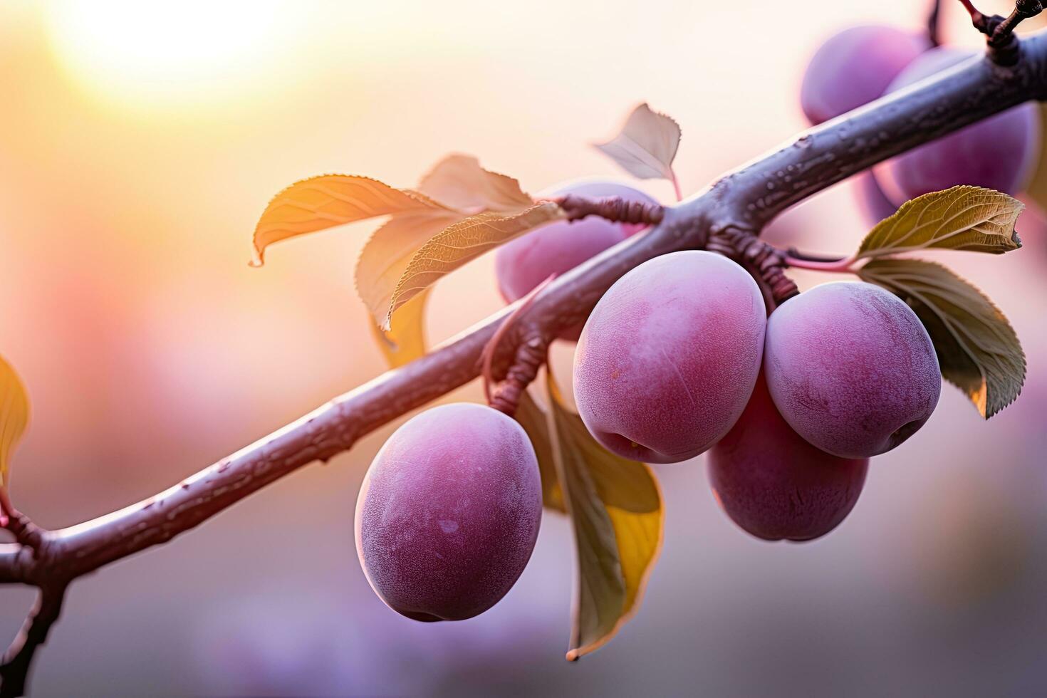 Ripe plums on a branch in the garden at sunset. A branch with natural plums on a blurred background of a plum orchard at golden hour, AI Generated photo