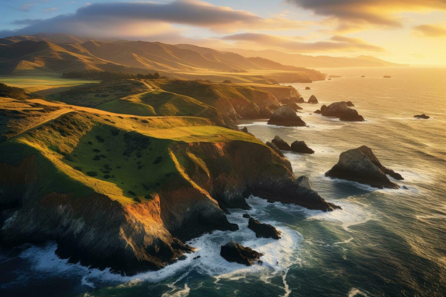 Aerial view of the Pacific Ocean coastline at sunset. California, USA. Aerial view of Marin Headlands and Golden Gate bay at sunset, AI Generated photo