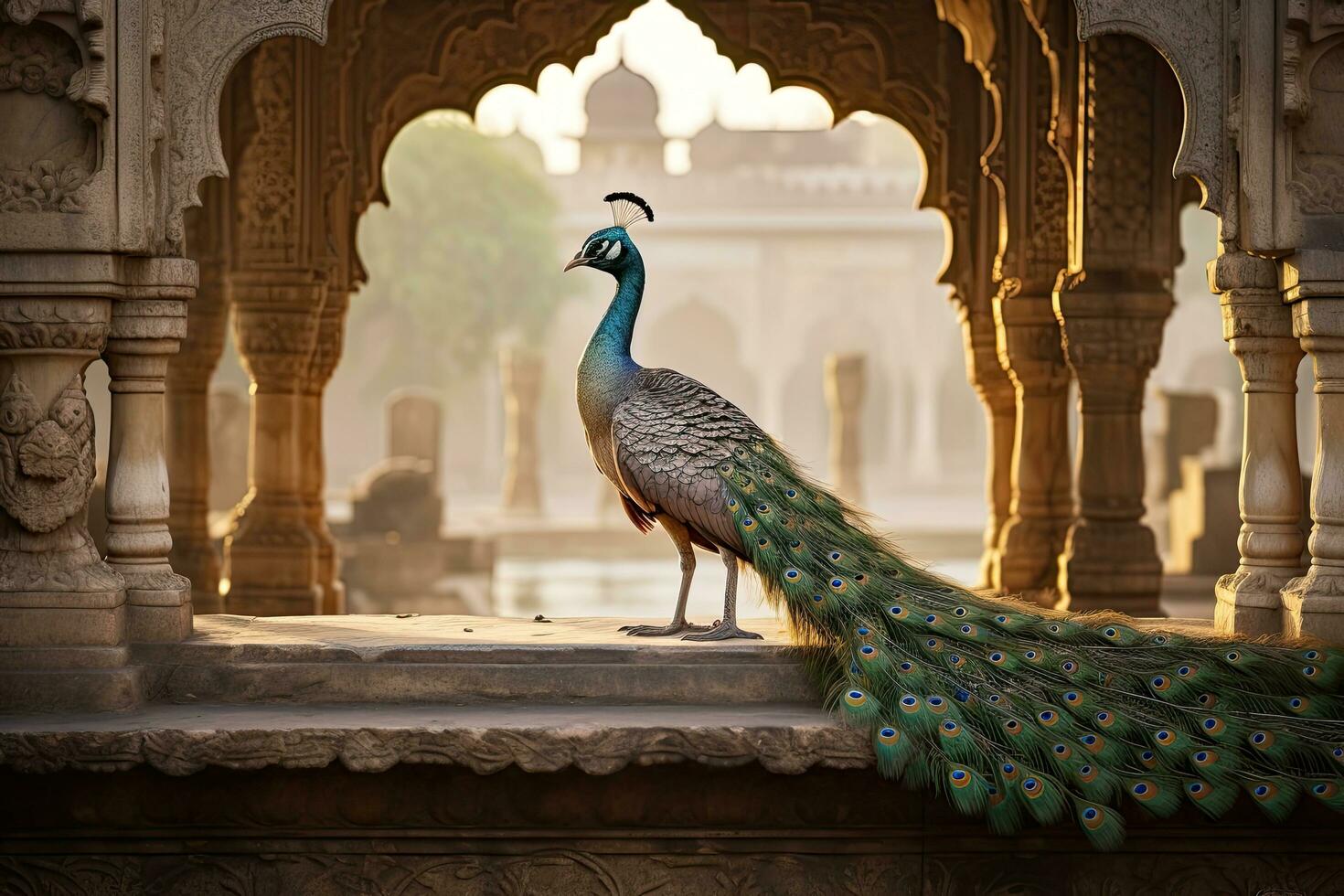 Peacock in the Agra Fort, Uttar Pradesh, India, A captivating image of a majestic exotic bird in city, AI Generated photo