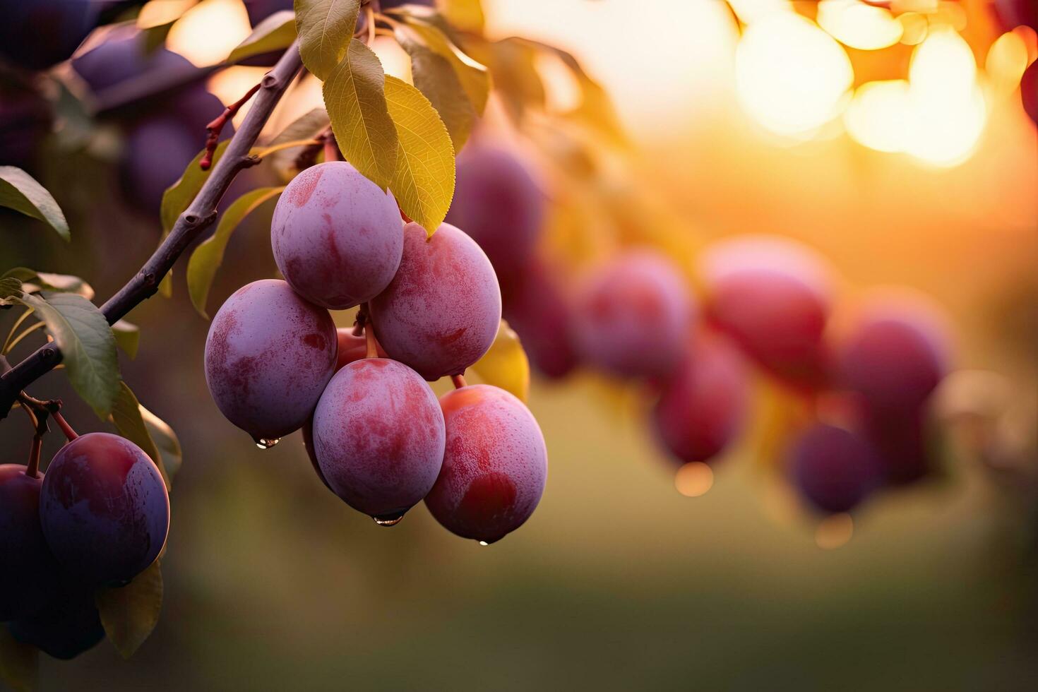 Ripe plums on a tree branch in the garden at sunset, A branch with natural plums on a blurred background of a plum orchard at golden hour, AI Generated photo